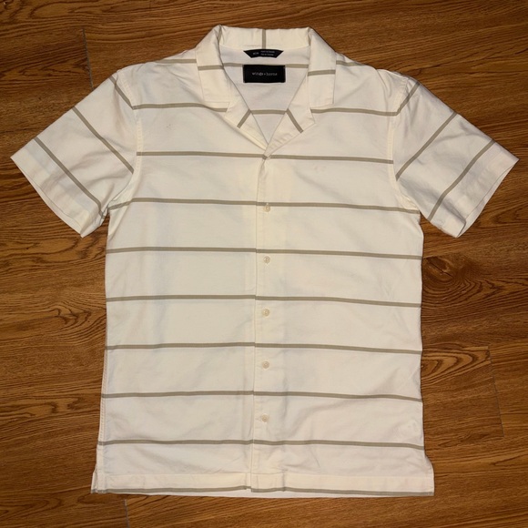 Wings + Horns Other - Wings + Horns Deck Stripe Short Sleeve Button-Up Camp Shirt in Moss Stripe